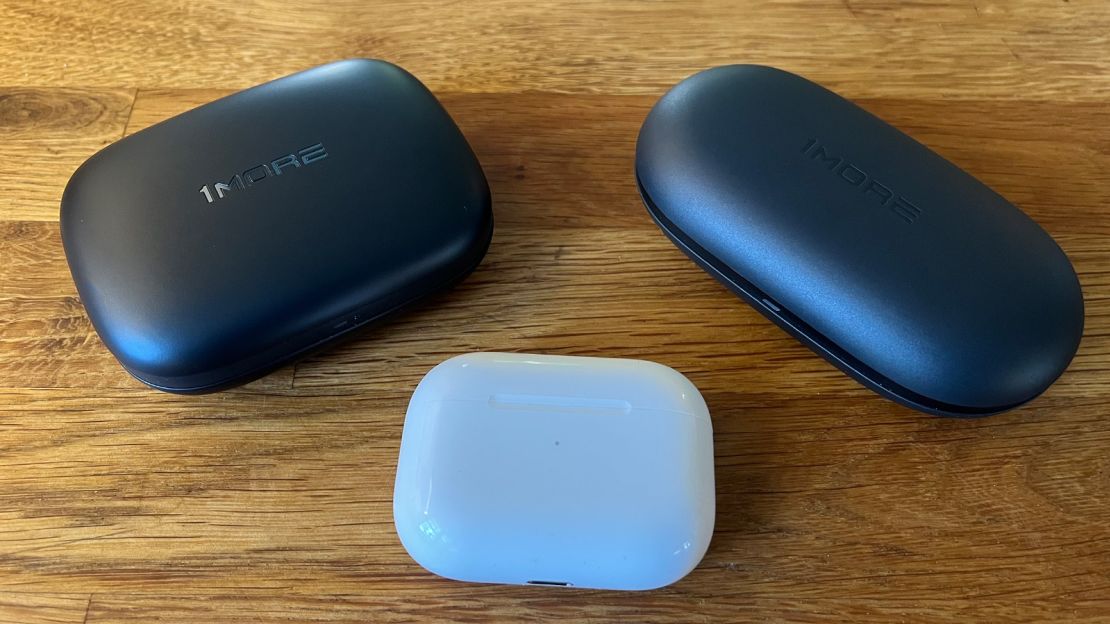 The charging cases for the S50 (left) and S30 (right) are significantly larger that those supplied for mainstream headphones like the AirPods Pro (middle). While this is understandable given the larger size of these ear-hook designs, it makes the cases too big to stick easily in a pocket for a long hike or trail run.