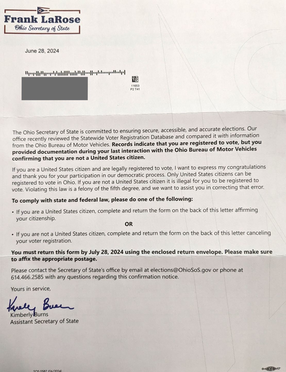 Jona Hilario received this letter from Ohio's Secretary of State. Note: A portion of this letter has been censored to protect personal information.