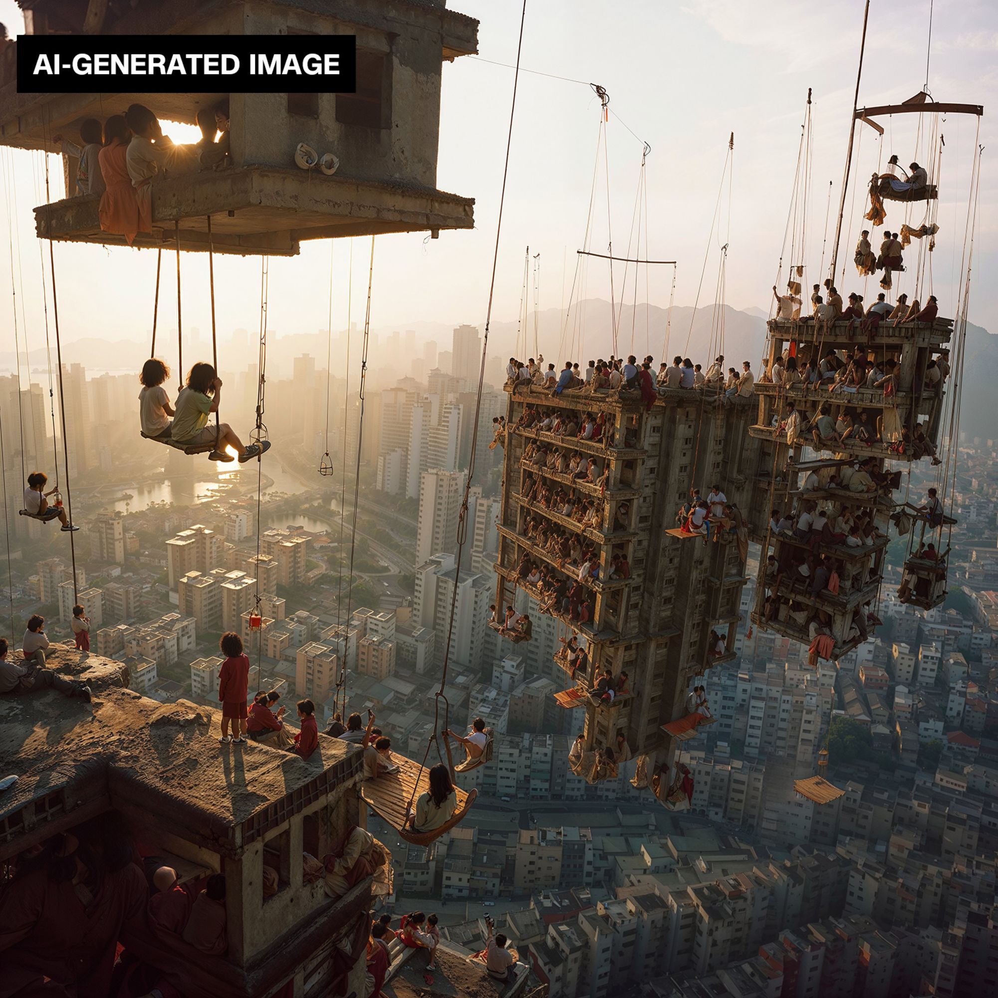 In “Concrete Organism,” children sit high above the city on swings made up of blocks of flats.