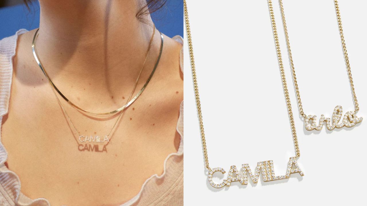 (2) 18K Gold Pavé Nameplate Necklace