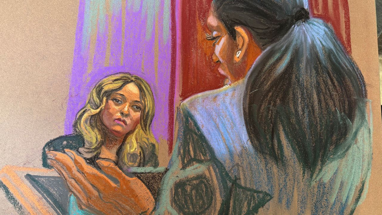 Bryana Bongolan, a friend of Cassie Ventura, is cross examined by Nicole Westmoreland on Wednesday, June 4, in this courtroom sketch.