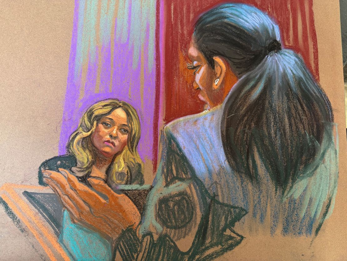 Bryana Bongolan, a friend of Cassie Ventura, is cross-examined by Nicole Westmoreland on Wednesday, June 4, in this courtroom sketch.
