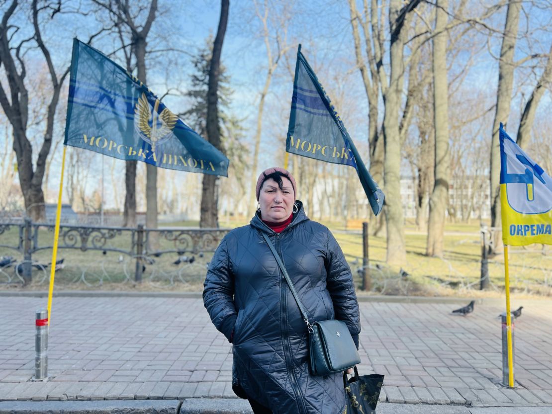 Valentyna Ocheretnaya is pictured near the presidential palace in Kyiv in March 2025, while attending a meeting organized by relatives of those missing in action.