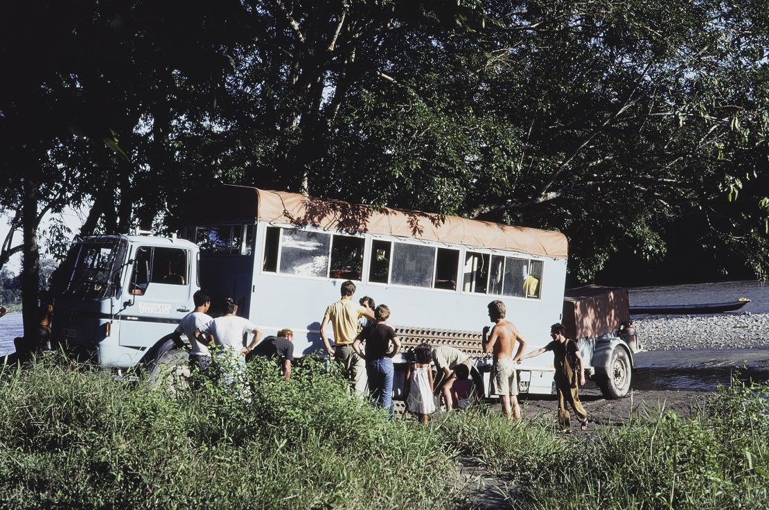 Tim and Meryl were embarking on a 16-week camping trip across South America in this van. Tim's on the right of this photo, wearing overalls.