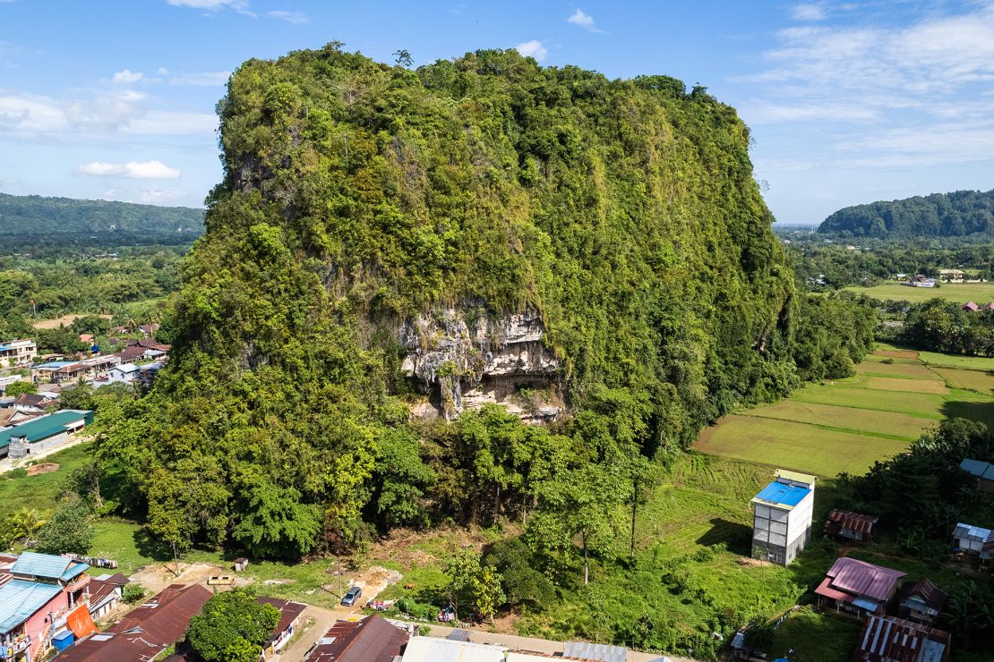 An aerial view of Karampuang hill in south Sulawesi, where the cave is located.