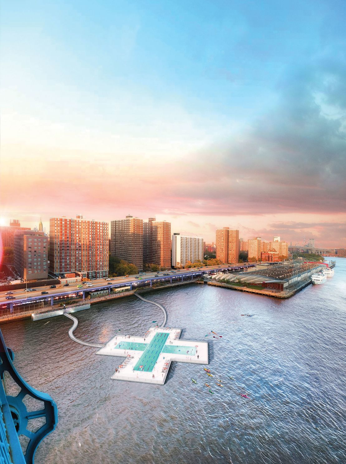 A rendering of +POOL at its newly revealed location by Pier 35 on Manhattan's Lower East Side.