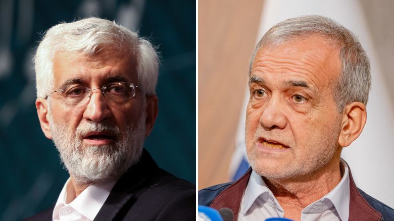 Iranian presidential candidates Saeed Jalili, left, and Masoud Pezeshkian.
