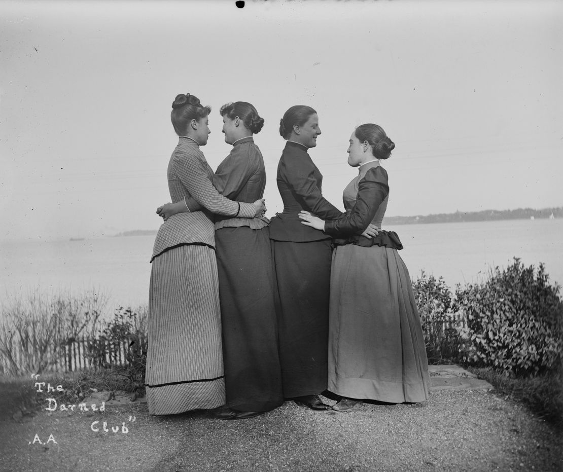 “The Darned Club” (1891) is a playful portrait by Alice Austen, a pioneering photographer who toyed with gender roles in her work from the perspective of a lesbian woman. Austen lived with her romantic partner for more than half a century but their families denied their wishes to be buried together.