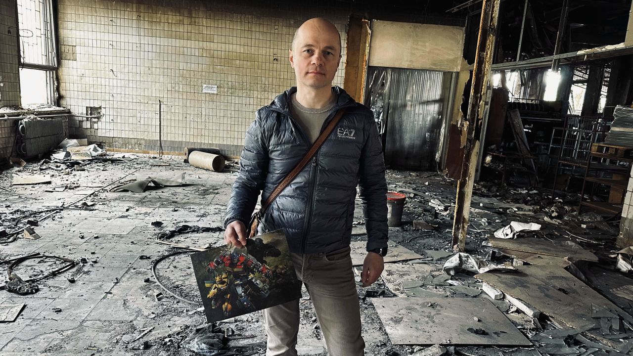 The owner of the printing house "GUROV I K," Dmytro Gurov, shows the damage caused by a Russian missile. He says there are about a million dollars in damages, but he has decided to restore the business.