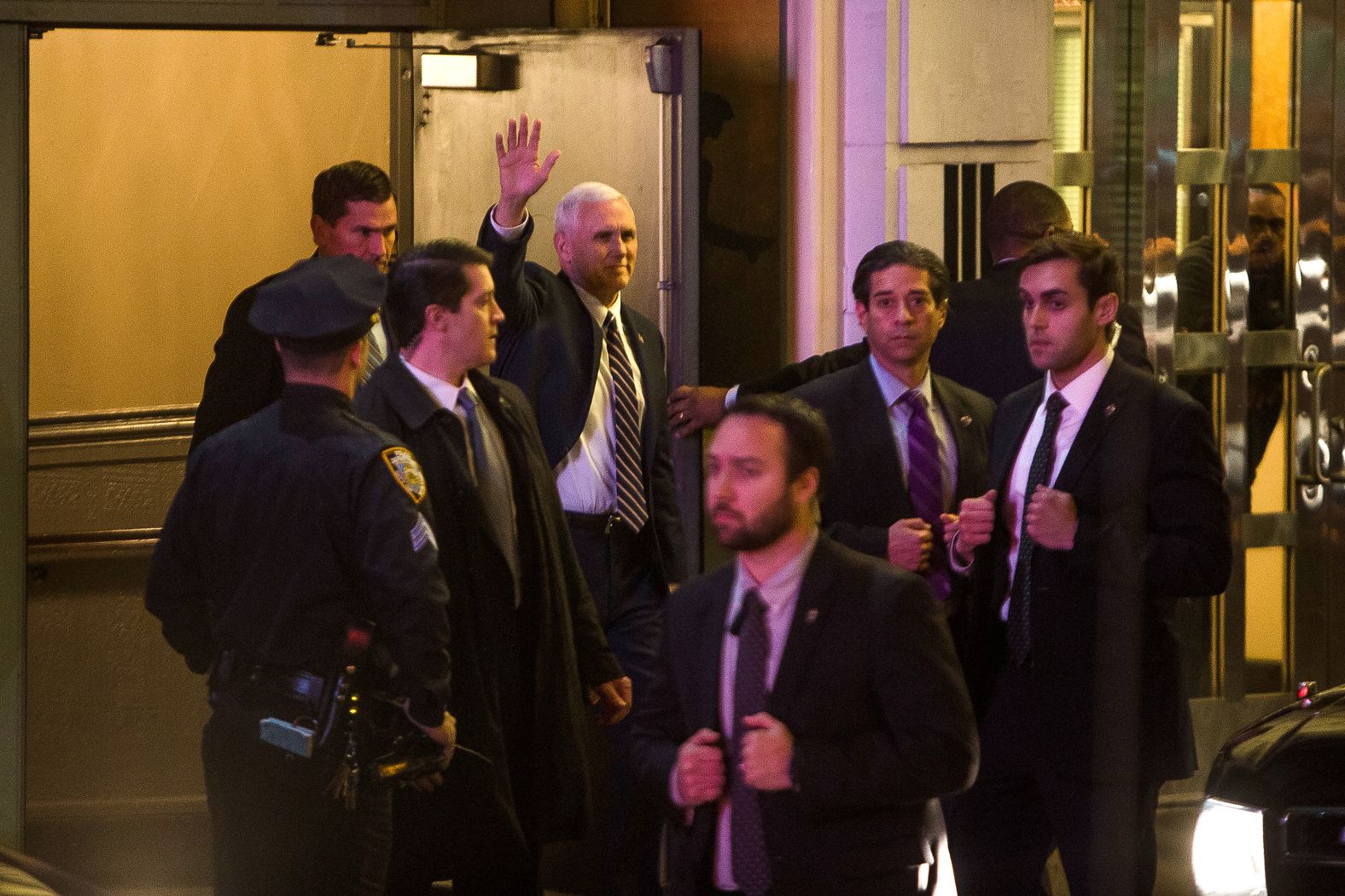 Vice President-elect Mike Pence departs the Richard Rodgers Theatre after a performance of "Hamilton" in November 2016. Some in the crowd booed Pence, and the cast <a href="index.php?page=&url=https%3A%2F%2Fwww.cnn.com%2F2016%2F11%2F20%2Fpolitics%2Fmike-pence-hamilton-message-trump">read him a message</a> following the show.