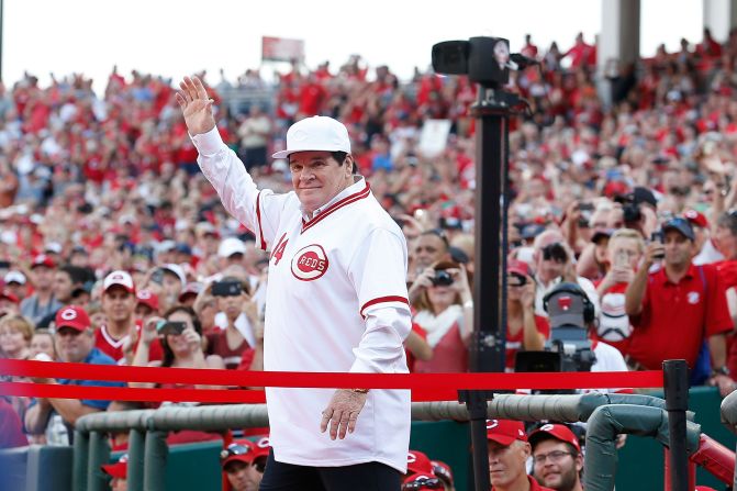 Rose is introduced to the crowd in Cincinnati as they honored the 1976 World Series champions in 2016.