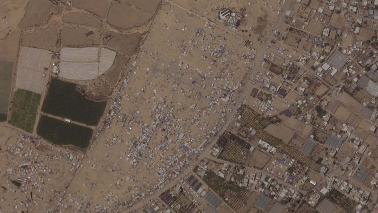 A satellite image shows tent camps in Rafah, Gaza, on May 8.