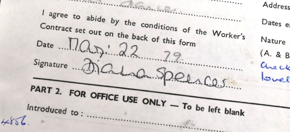 The document was signed by Diana, who made herself appear a year older than she actually was with a false date of birth.