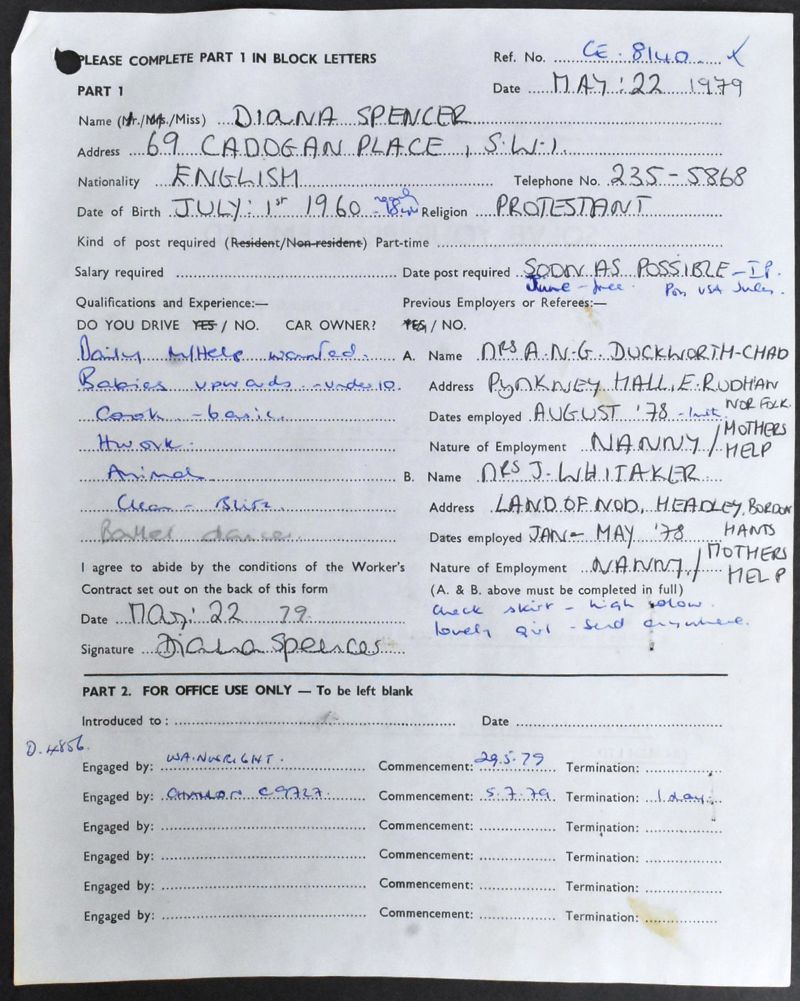 The job contract, believed to be Princess Diana’s first, was filled out when she was just 17.