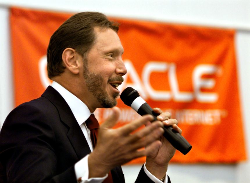 Larry Ellison, then-CEO of Oracle Corp., introduces Oracle's then-new database product iFS, (Internet File System), at a news conference on May 16, 2000.