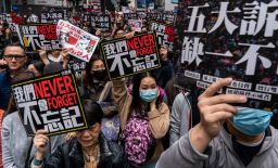 Pro-democracy supporters hold placards during a New Years Day rally.