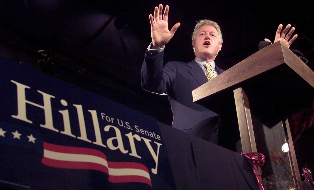 Clinton speaks at a New York fundraiser as he supports his wife's US Senate campaign in October 2000.