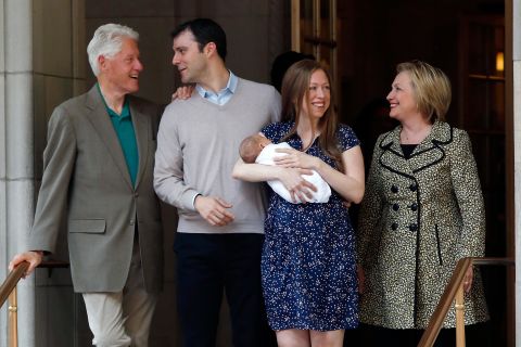 The Clintons, their daughter and their son-in-law leave a hospital in June 2016 after Chelsea gave birth to her first son, Aidan.