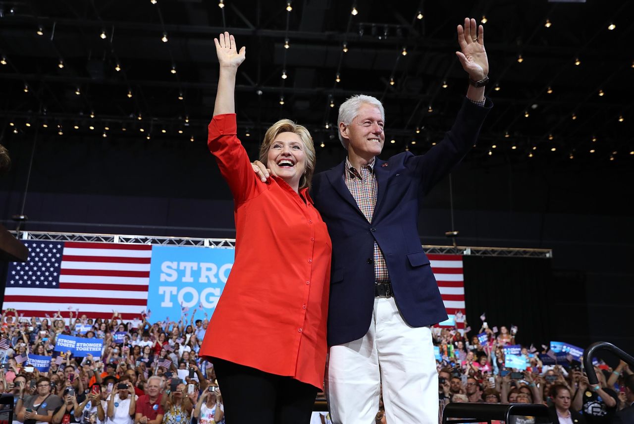 The Clintons greet supporters during a presidential campaign rally in Pittsburgh in July 2016.