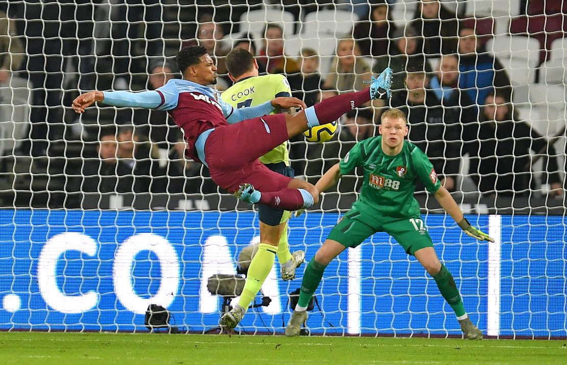 Sebastien Haller scores West Ham's second goal with a bicycle kick effort past Bournemouth goalkeeper Aaron Ramsdale.