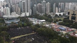 This overhead view shows thousands of people gathered in Victoria Park in the Causeway Bay area ahead of a planned pro-democracy march in Hong Kong on January 1, 2020. 