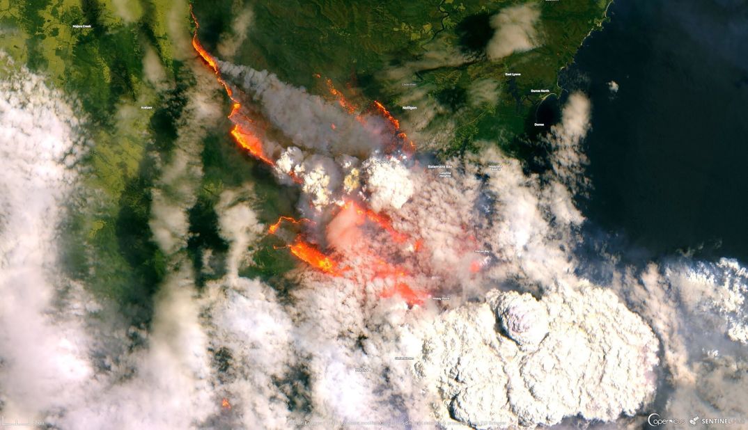 A satellite image released by Copernicus Sentinel dated December 31 shows bushfires burning across Australia.