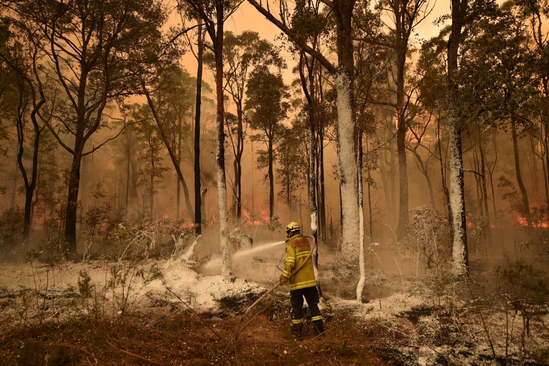 A firefighter burns out a blaze in the New South Wales town of Jerrawangala.