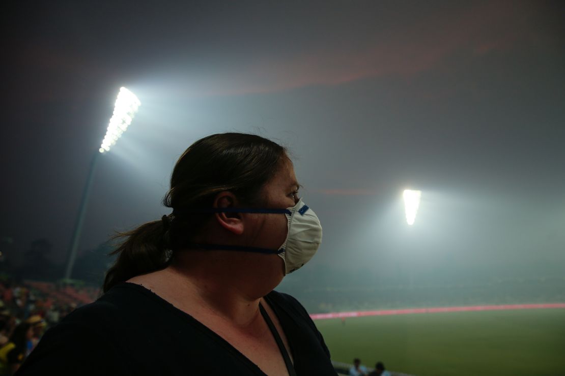 A fan wears a face mask during a Big Bash League cricket match in Canberra last month.