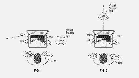 Apple envisions the virtual sound system will make audio appear to be away from the MacBook.