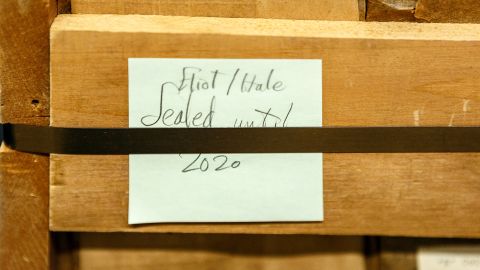Wooden crates housed the letters for over 60 years. This one bears a not that reads, 'Eliot/Hale, sealed until 2020'
