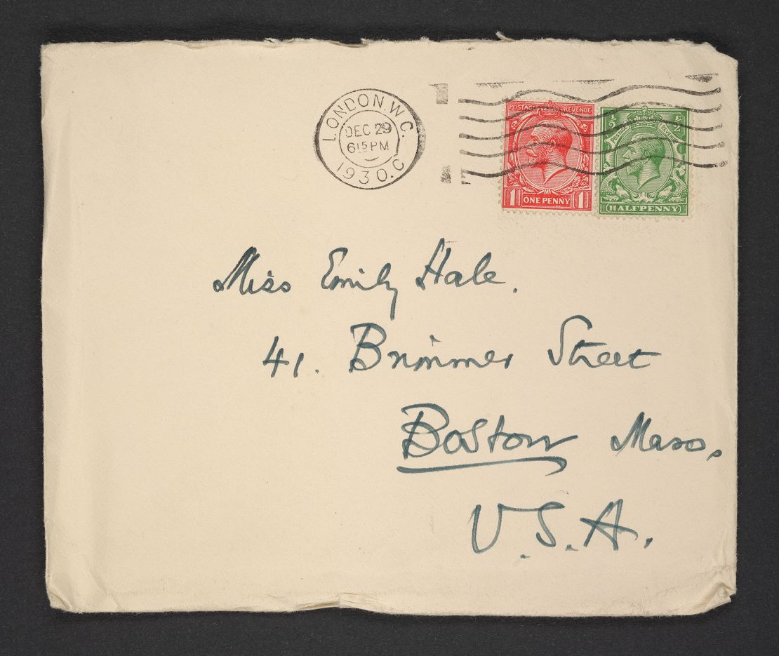 An envelope addressed to Emily Hale in Boston, Massachusetts, digitized, and handwritten by T.S. Eliot.