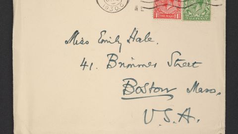 An envelope addressed to Emily Hale in Boston, Massachusetts, digitized, and handwritten by T.S. Eliot. 