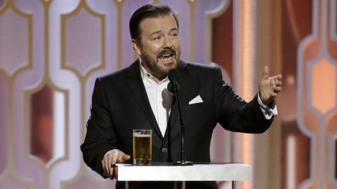 Ricky Gervais hosting the Golden Globes in 2016. (Photo by Paul Drinkwater/NBCUniversal via Getty Images)