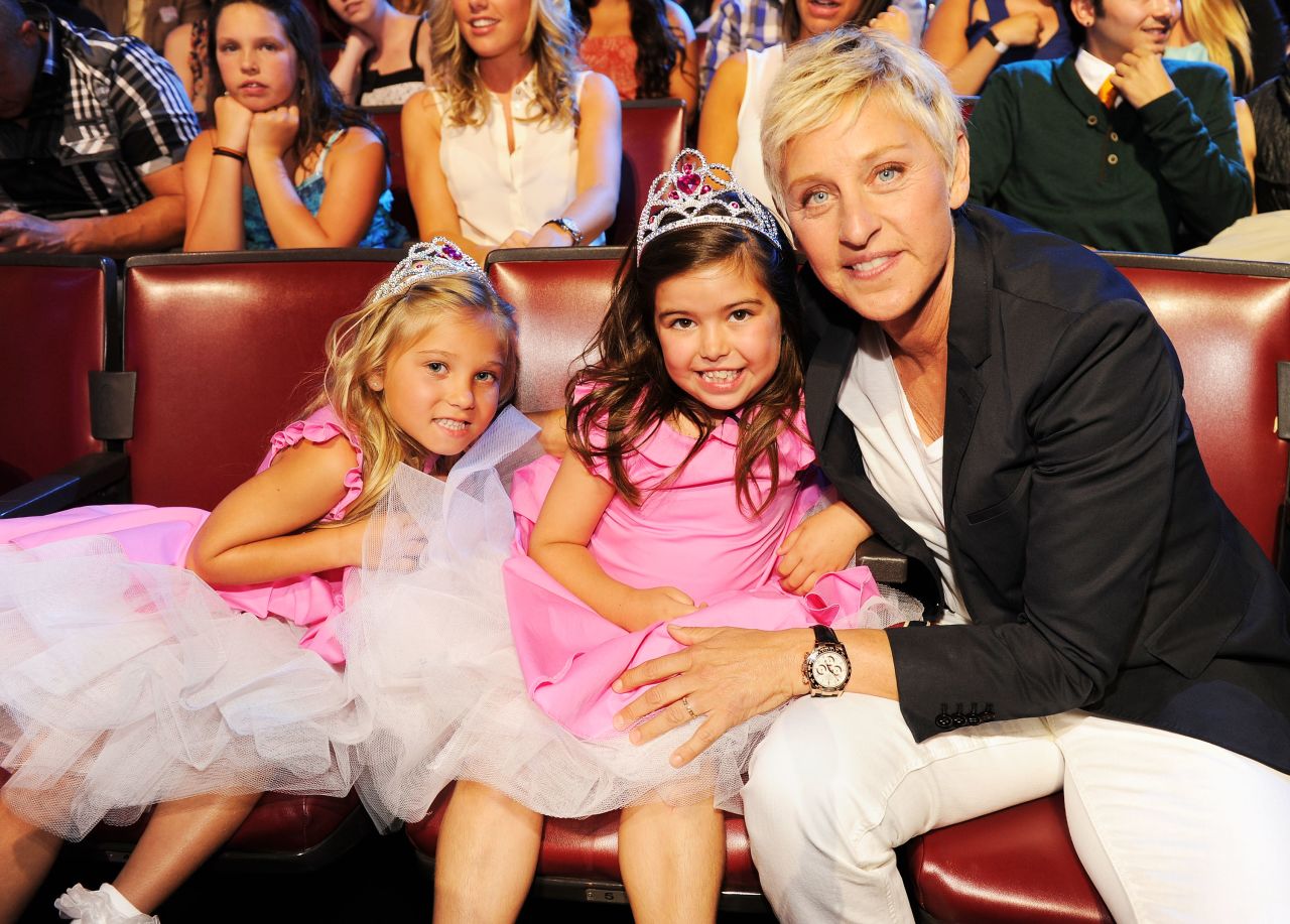 DeGeneres poses with Rosie McClelland and Sophia Grace Brownlee at the 2012 Teen Choice Awards. The young musical duo became popular with their regular appearances on DeGeneres' show.