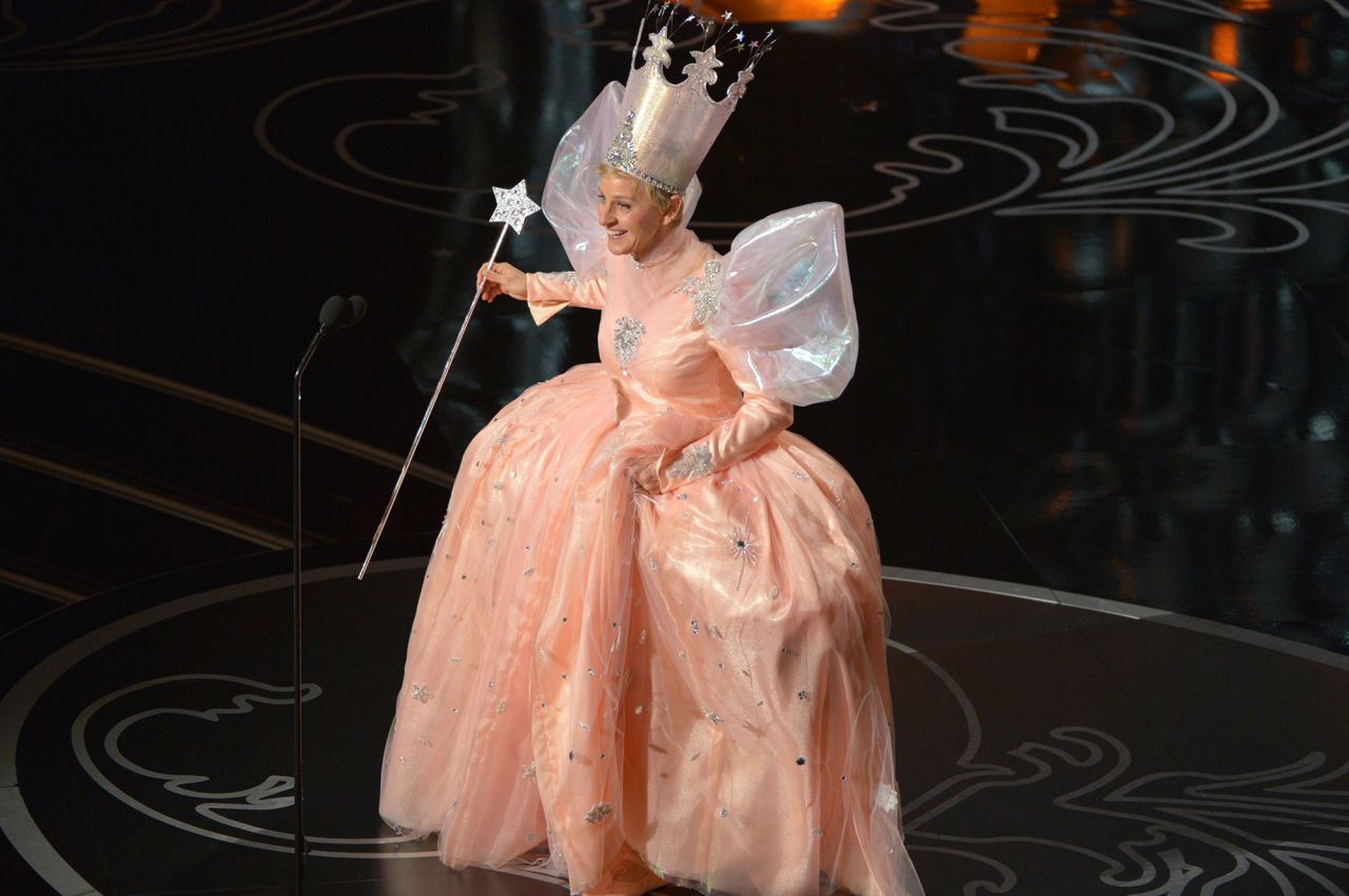 DeGeneres dresses up as Glinda the Good Witch while hosting the Oscars in 2014.