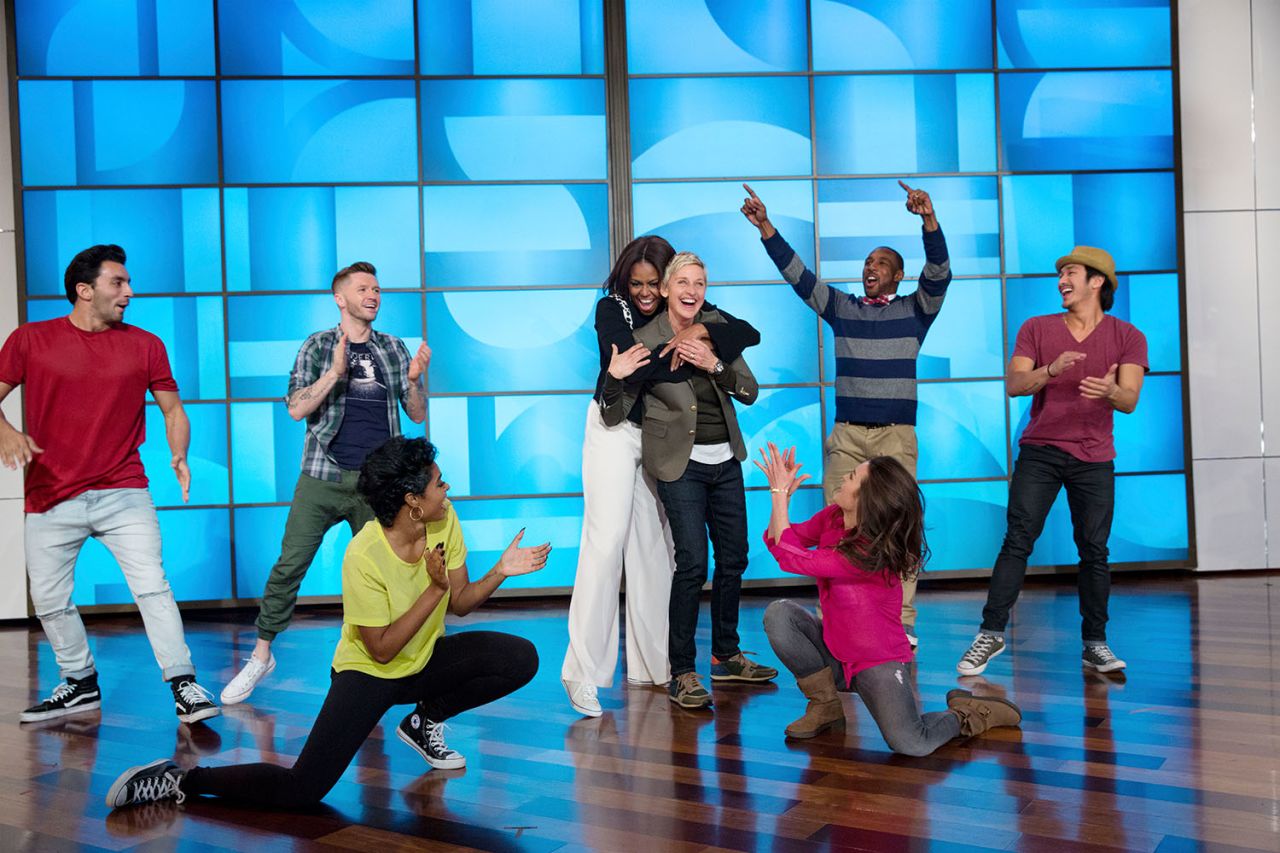 First lady Michelle Obama hugs DeGeneres after they danced during an episode of "The Ellen DeGeneres Show" in 2015.