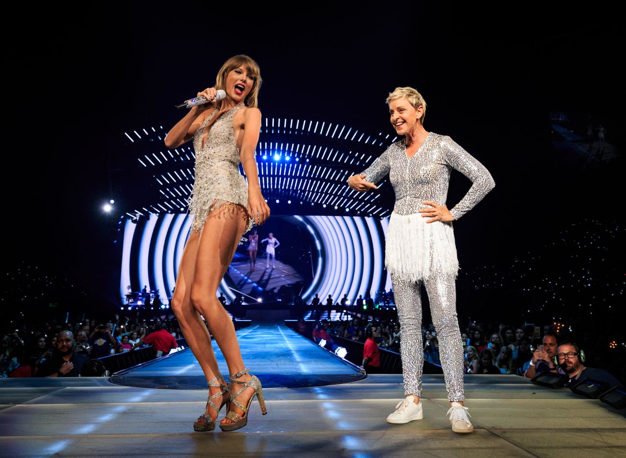 DeGeneres performs with singer Taylor Swift during Swift's concert tour in 2015.