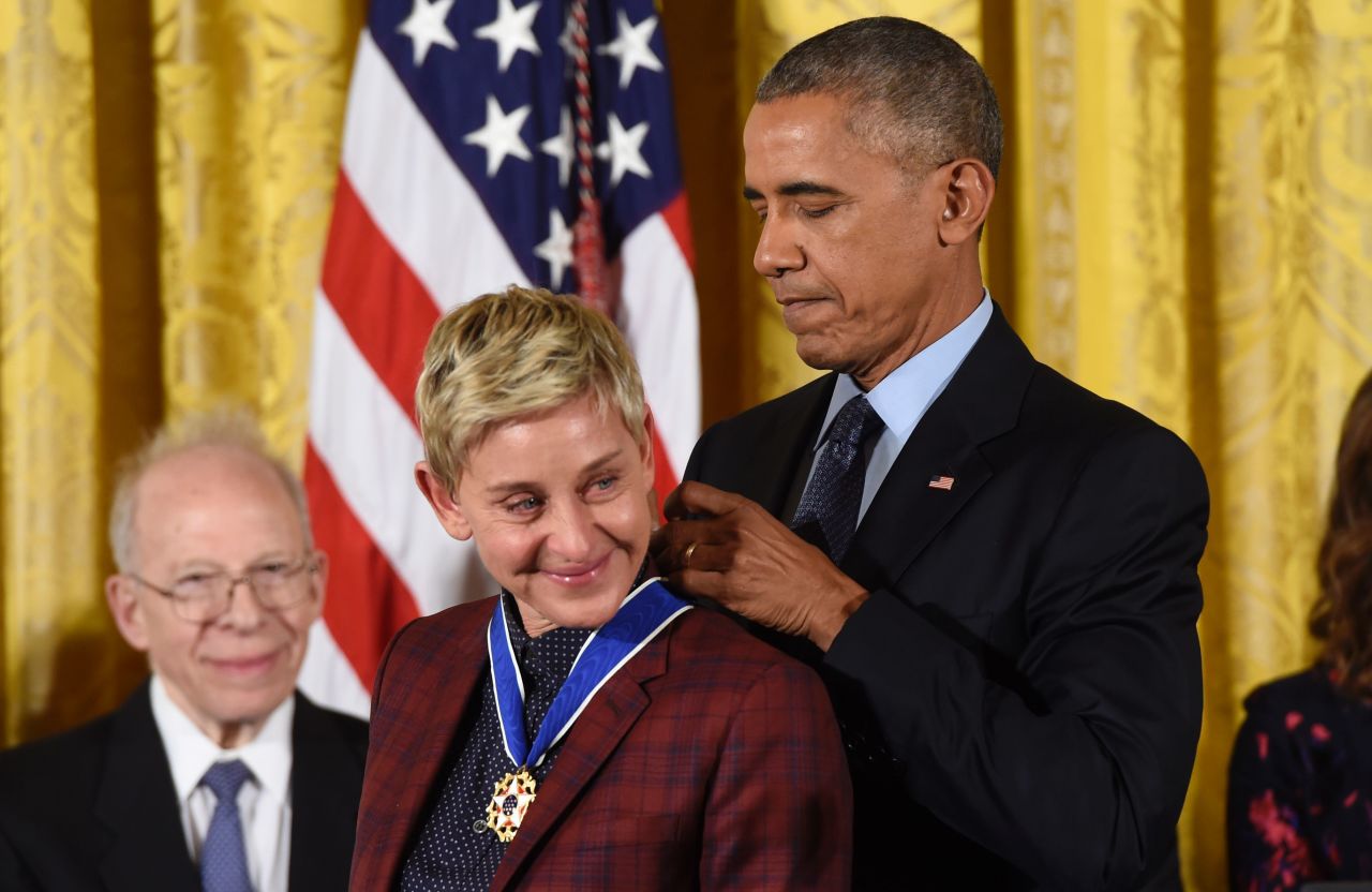 President Obama presents DeGeneres with the Presidential Medal of Freedom, the nation's highest civilian honor, in November 2016. "It's easy to forget now, when we've come so far, where now marriage is equal under the law — just how much courage was required for Ellen to come out on the most public of stages almost 20 years ago," Obama said.