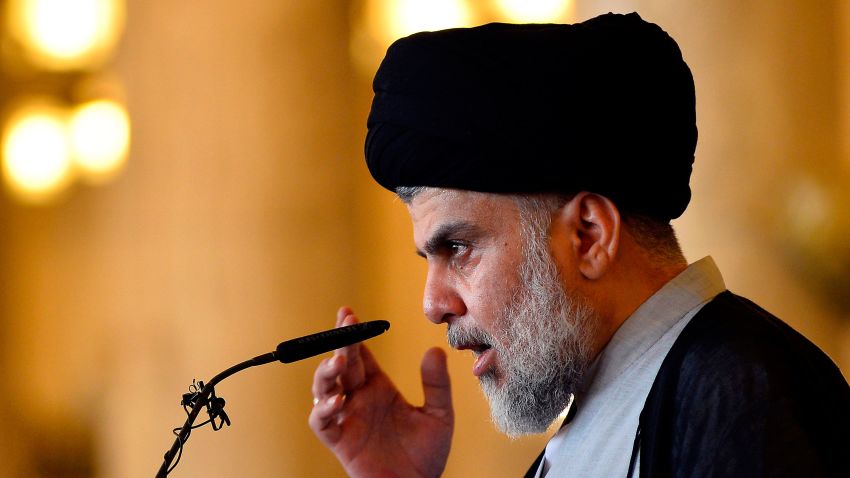 Iraqi Shiite cleric and political leader Moqtada al-Sadr delivers the Eid al-Fitr sermon during the Muslim holiday's morning prayer at the Grand Mosque of Kufa near the central Iraqi shrine city of Najaf, some 160 kilometres south of the capital Baghdad, on June 05, 2019. - Muslims worldwide are celebrating Eid al-Fitr marking the end of the fasting month of Ramadan. (Photo by Haidar HAMDANI / AFP)        (Photo credit should read HAIDAR HAMDANI/AFP via Getty Images)
