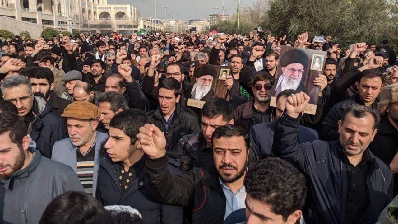 Protesters in Tehran demonstrate Friday against the airstrike in Iraq.