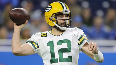 Green Bay quarterback Aaron Rogers drops back to pass against the Detroit Lions on December 29, 2019.