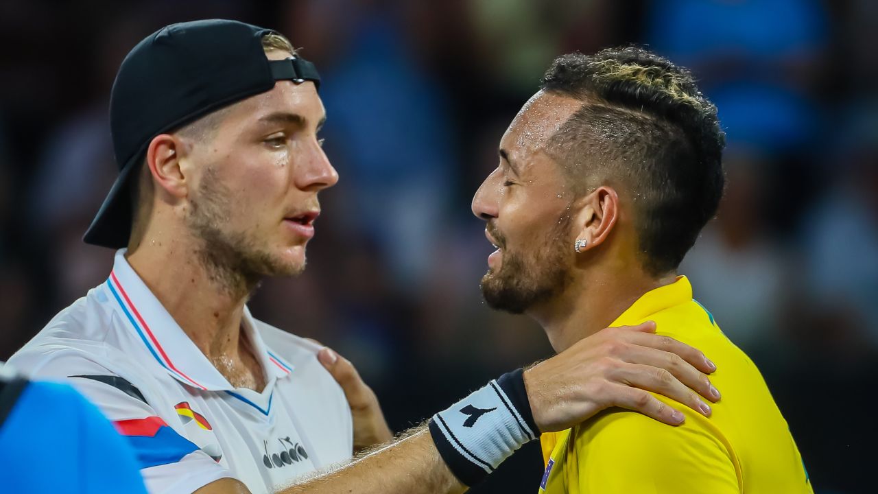 Kyrgios (right) defeated Jan-Lennard Struff in straight sets at the ATP Cup.