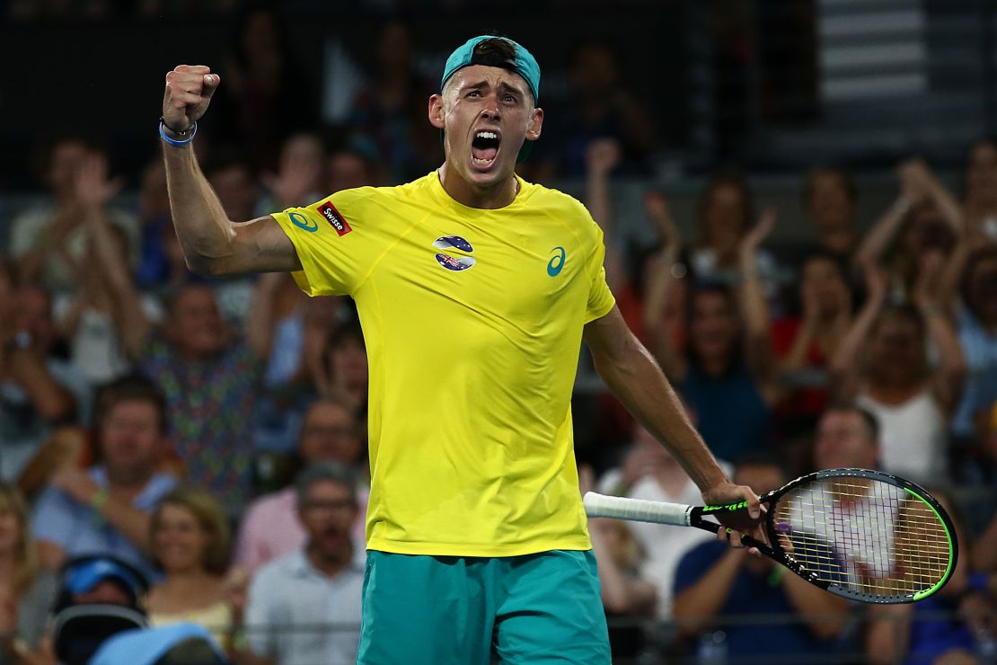 Alex de Minaur, who has pledged his support to Australia's bushfires, reacts to winning the second set against Alexander Zverev at the ATP Cup. 