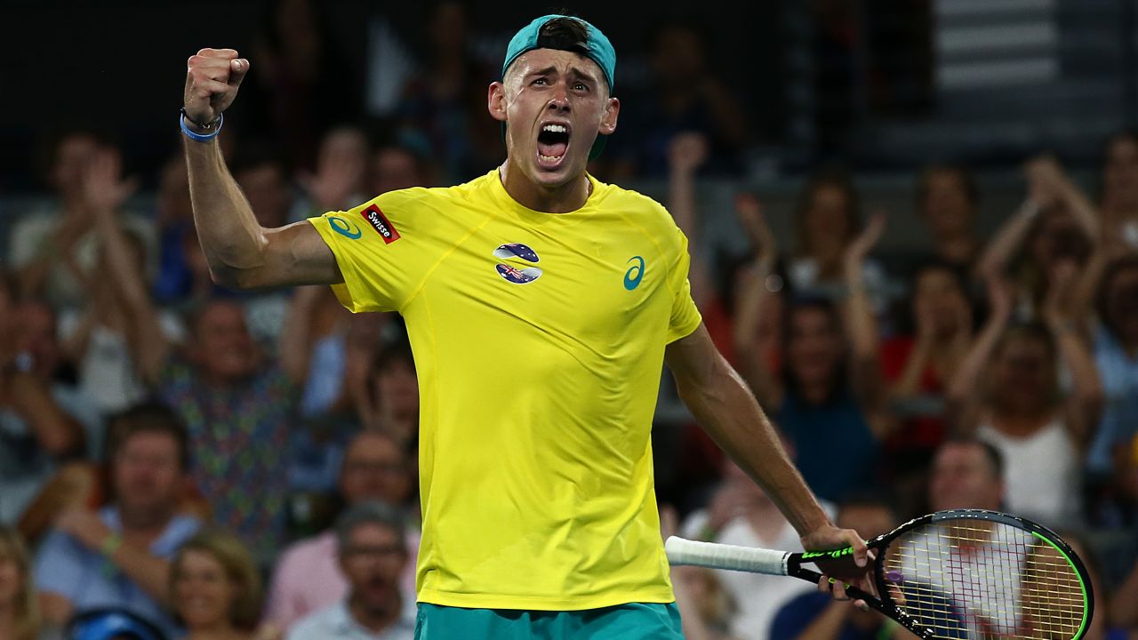 Alex de Minaur, who has pledged his support to Australia's bushfires, reacts to winning the second set against Alexander Zverev at the ATP Cup.