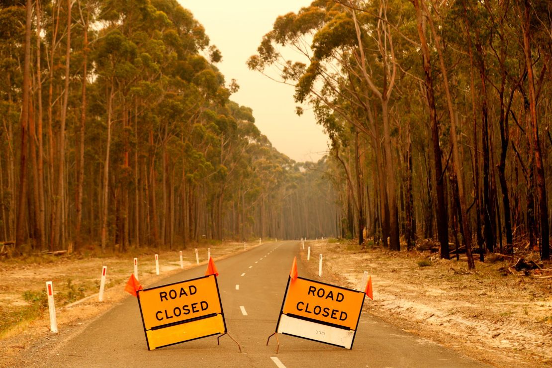 Roadblocks outside the town of Orbost in Victoria, Australia, on January 2, 2020.