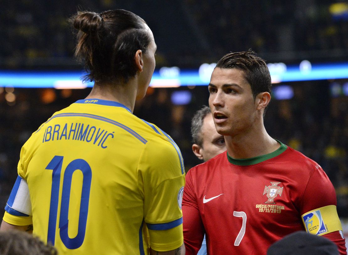 Ibrahimović and Ronaldo shake hands at the 2014 FIFA World Cup. 