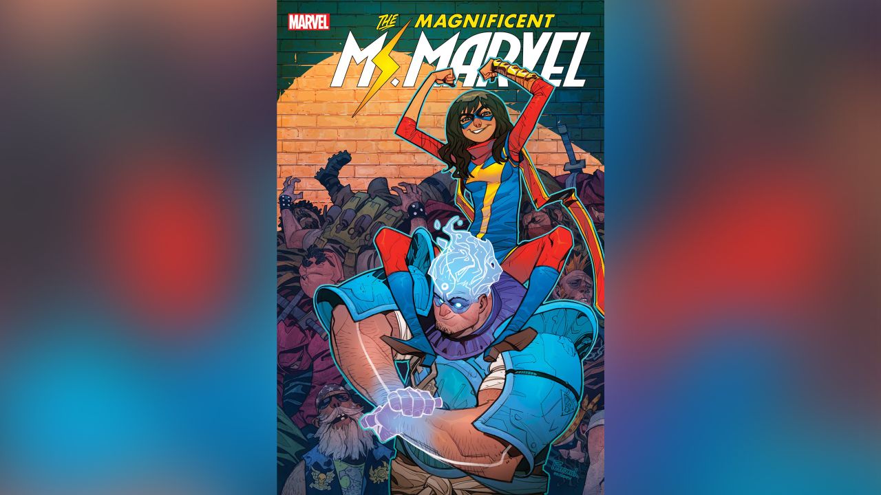 Amulet, seen here with Ms. Marvel on his shoulders, is Marvel's newest superhero -- and one of the few Arab-American superheroes in comics. He'll make his official debut in March. 