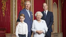 In this handout photo provided by Buckingham Palace and taken Wednesday Dec. 18, 2019, Britain's Queen Elizabeth, Prince Charles, Prince William and Prince George pose for a photo to mark the start of the new decade in the Throne Room of Buckingham Palace, London. This is only the second time such a portrait of the monarch and the next three in line to the throne has been released, the first was in April 2016 to celebrate Her Majesty's 90th birthday. (Ranald Mackechnie/Buckingham Palace via AP)