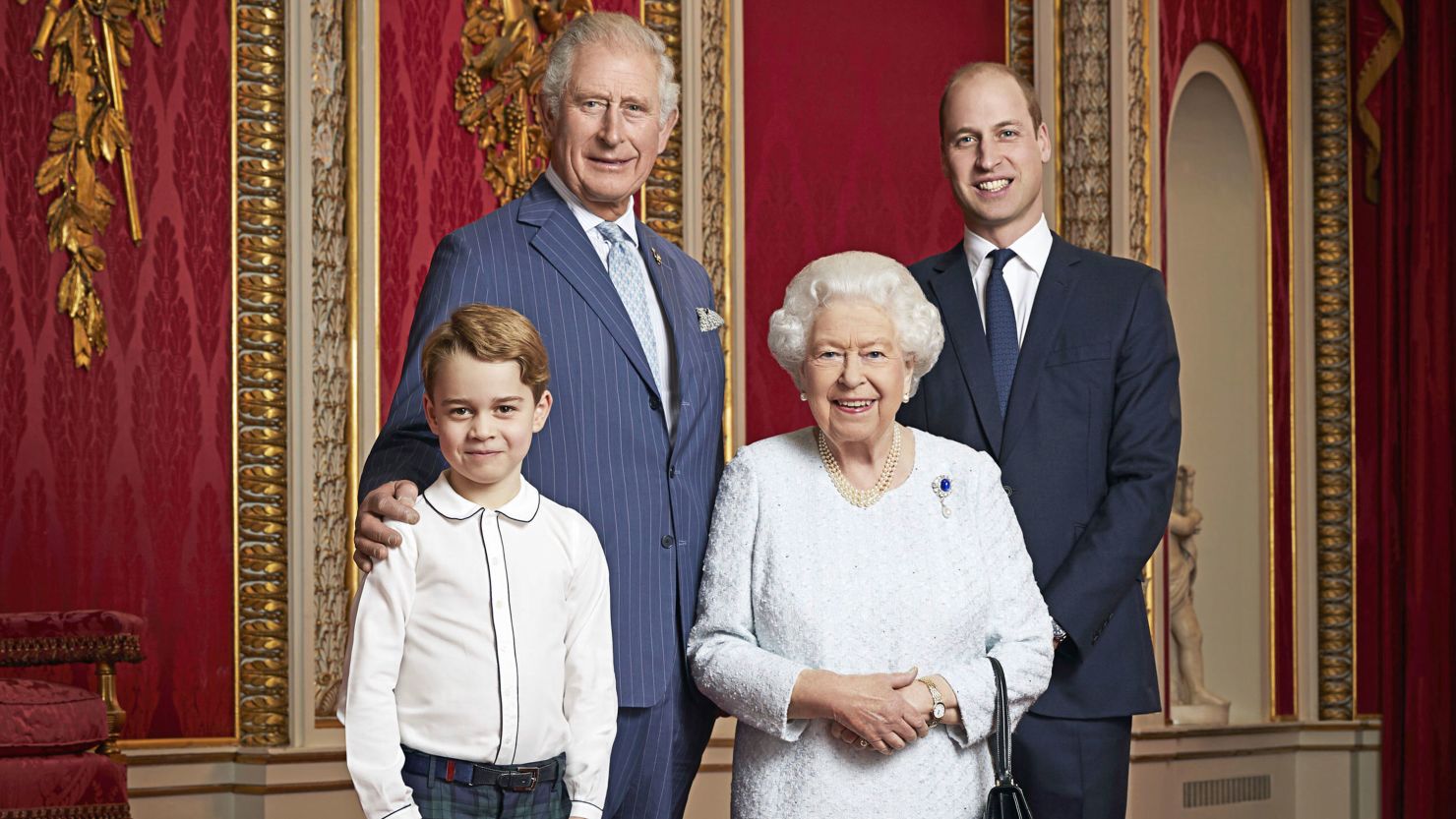 Britain's Queen Elizabeth, Prince Charles, Prince William and Prince George pose for a photo to mark the start of the new decade at Buckingham Palace in London. This is only the second time such a portrait of the monarch and the next three in line to the throne has been released.
