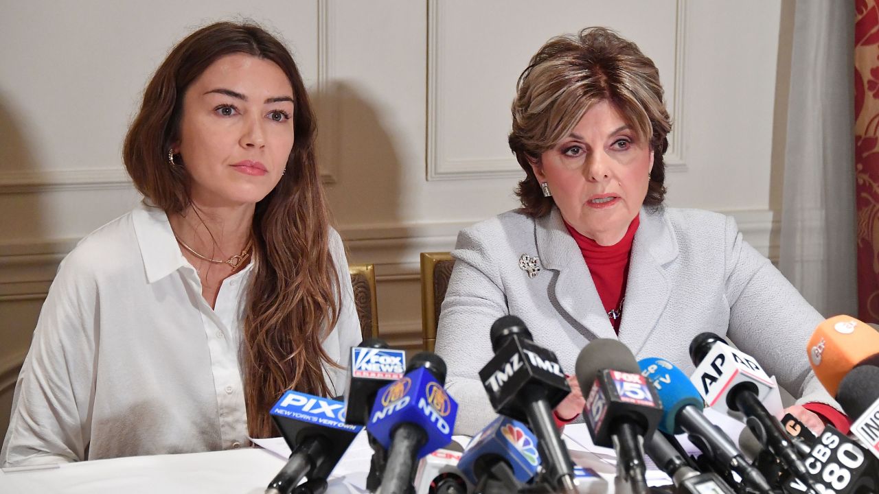 Mimi Haleyi, left, and attorney Gloria Allred speak during a news conference in 2017 in New York.